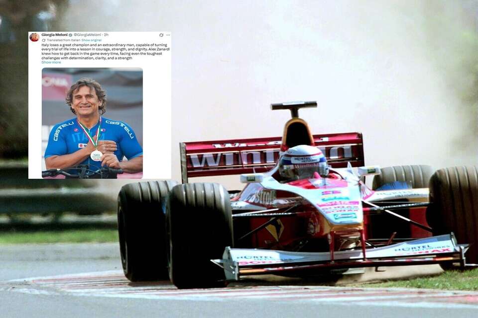 Bolid F1 podczas wyścigu oraz wpis Giorgi Meloni (screen z X) / autor: PAP/EPA/X-Giorgia Meloni (screen)