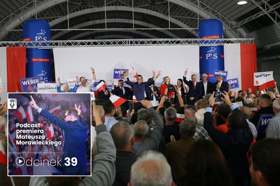 W tle - premier Mateusz Morawiecki podczas wiecu wyborczego w Stalowej Woli / autor: PAP/Zbigniew Meissner; Facebook/Mateusz Morawiecki