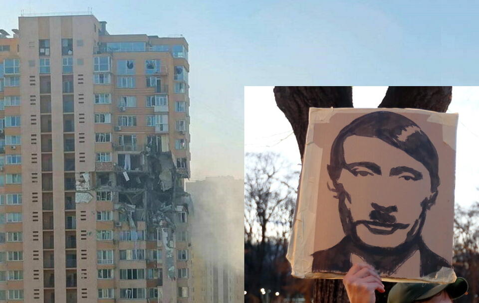 Wieżowiec mieszkalny w Kijowie ostrzelany przez Rosjan / Protest przed ambasadą Rosji w Warszawie / autor: Twitter, PAP/EPA