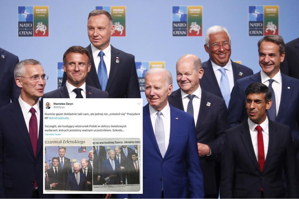 Wspólne zdjęcie: Jens Stoltenberg, Emmanuel Macron, Andrzej Duda, Joe Biden, Olaf Scholz, Antonio Costa, Rishi Sunak, Kyriakos Mitsotakis / autor: PAP/EPA/TOMS KALNINS / twitter.com/StZaryn