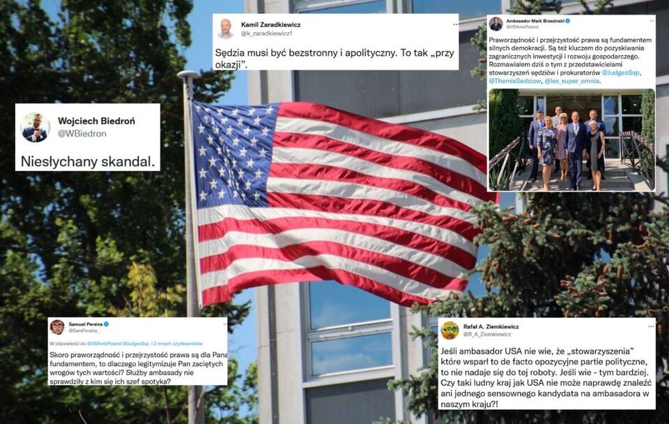 Zdjęcie ilustracyjne/Flaga USA przed amerykańską ambasadą/Wpisy z Twittera / autor: Fratria; Twitter (screeny)