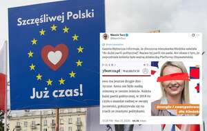 Plakat na marszu KO/na miniaturze: zdjęcie Kamili L. z zasłoniętymi oczami / autor: Fratria/X: @MarcinTorz