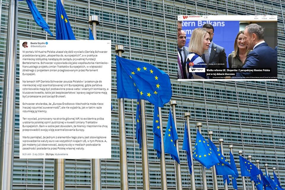 W tle flagi UE, zdj. ilustracyjne; w miniaturze screen strony z omawianym wywiadem / autor: Fratria; X/Beata Szydło; wiadomosci.wp.pl