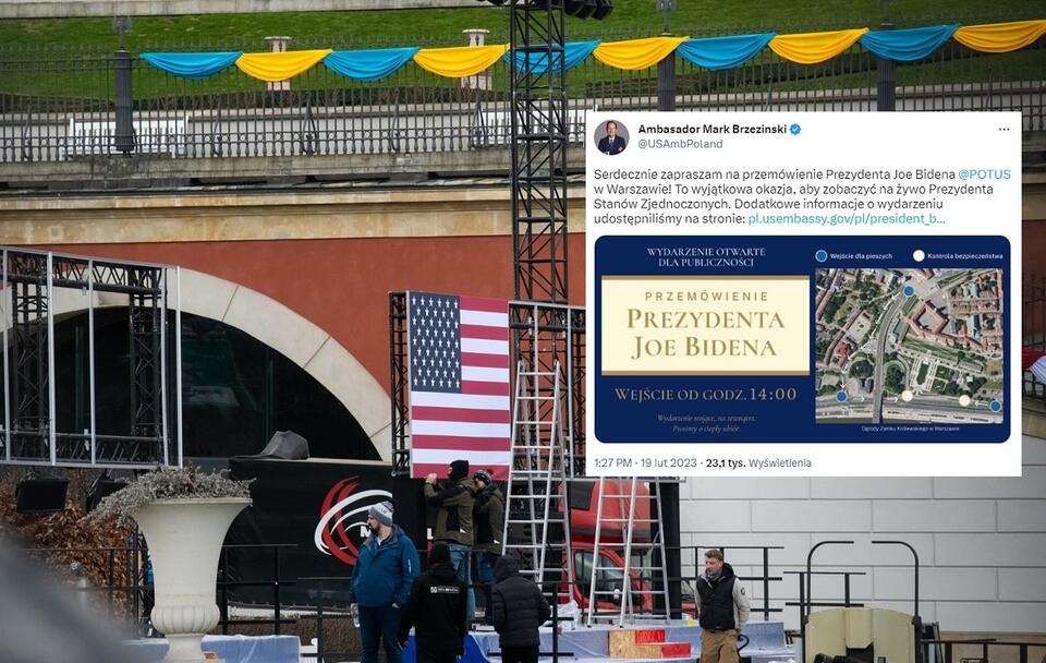 Przygotowania w Arkadach Kubickiego przed wizytą prezydenta USA / autor: PAP/Andrzej Lange; Twitter/ Ambasador Mark Brzezinski