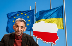 Witalij Portnikow i biało-czerwone kontury Polski na tle flag UE i Ukrainy (zdjęcie wygenerowane z użyciem narzędzi AI) / autor: Fratria, X/Vitaly Portnikov