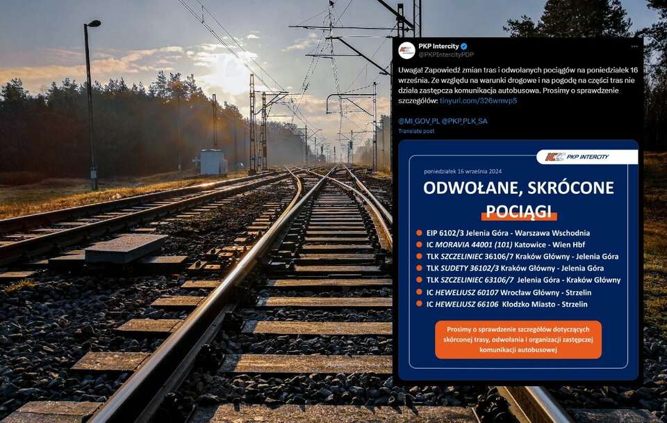 PKP Intercity odwołało szereg pociągów z powodu powodzi / autor: X/@MI_GOV_PL/@PKPIntercityPDP