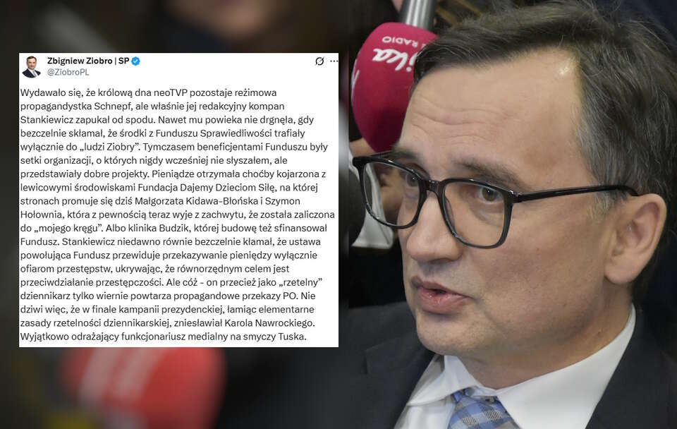 Ziobro o Stankiewiczu: Odrażający funkcjonariusz medialny