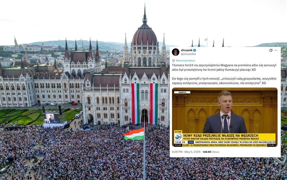 Zwolennicy Tiszy zebrani przed węgierskim parlamentem w związku z zaprzysiężeniem Petera Magyara / autor: PAP/EPA/Zsolt Czegledi/X:@chrzanikx