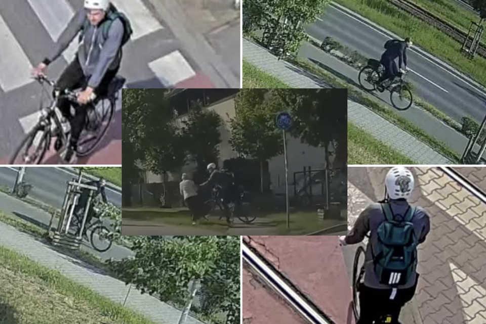 Wizerunek agresywnego rowerzysty i stopklatka z poturbowania starszej kobiety we Wrocławiu  / autor: X/policja we Wrocławiu