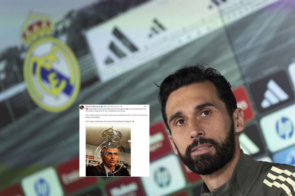 Trener Realu Madryt Alvaro Arbeloa podczas konferencji prasowej oraz wpis Fabrizio Romano (screen z X) / autor: PAP/EPA/X-Fabrizio Romano (screen)