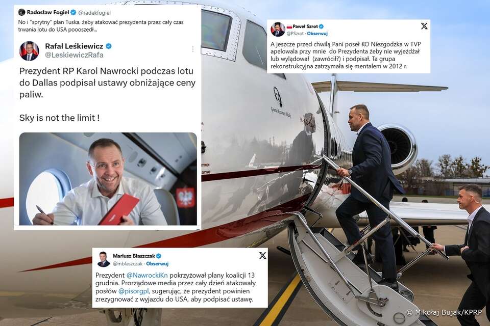Prezydent RP Karol Nawrocki przed wylotem do Dallas w USA / autor: Mikołaj Bujak/KPRP, X/Radosław Fogiel/Mariusz Błaszczak/Paweł Szrot
