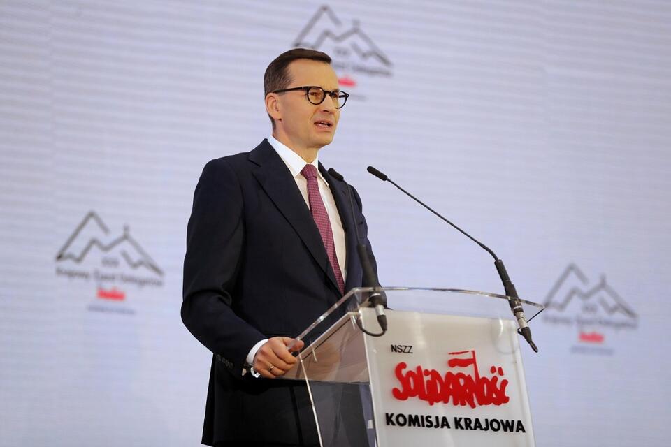 Premier Mateusz Morawiecki na zjeździe NSZZ "Solidarność" / autor: PAP/Grzegorz Momot
