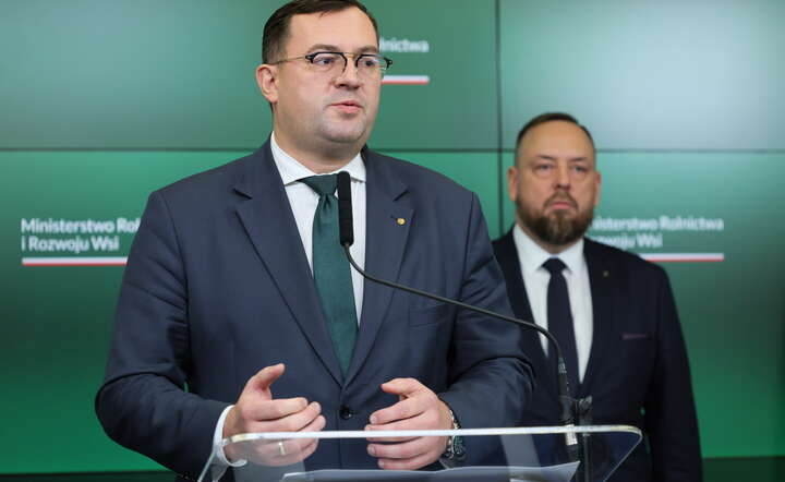 Minister rolnictwa i rozwoju wsi Stefan Krajewski (L) i Główny Lekarz Weterynarii Paweł Meyer (P) podczas konferencji prasowej w Warszawie / autor: PAP/Rafał Guz