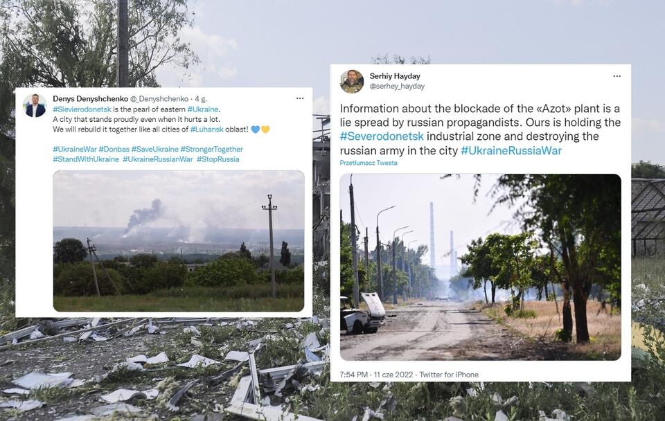 W tle zniszczenia wojenna na Ukrainie (zdj. ilustracyjne); w miniaturze Siewierodonieck / autor: PAP/EPA/STR; Twitter