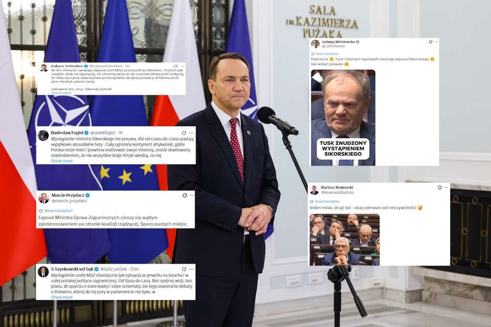 "Porywające" wystąpienie szefa MSZ. "Zaciekawił" kompanów z Koalicji 13 Grudnia. "Tusk i Giertych wystawili recenzję expose Sikorskiego". Na zdjęciu Sikorski oraz wpisy z portalu X (screeny) / autor: PAP/Albert Zawada/X