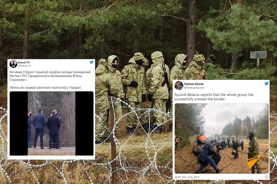 Białoruscy funkcjonariusze obserwują szturm imigrantów na polską granicę / autor: Twitter: MON/Tadeusz Giczan/Biełsat TV