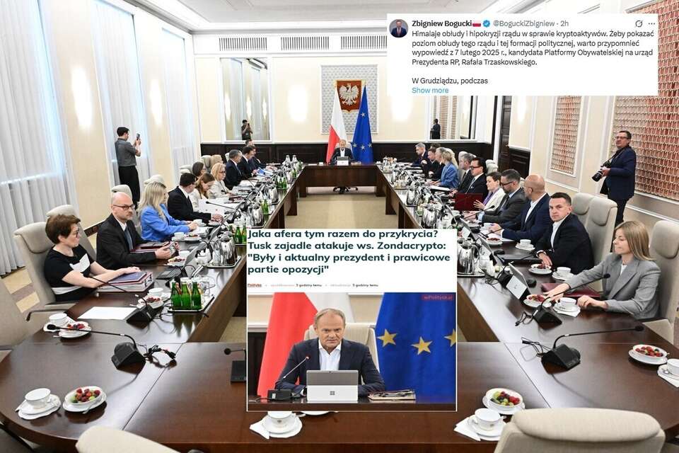 Posiedzenie RM w KPRM, artykuł portalu wPolityce.pl oraz wpis Zbigniewa Boguckiego (screen z X) / autor: PAP/Radek Pietruszka/wPolityce/X