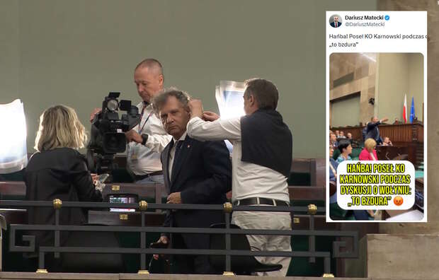 Na sali plenarnej Sejmu wybuchła burza po tym, jak w czasie obrad acek Karnowski z KO udzielił wywiadu TVP w likwidacji.  / autor: sejm.gov/X