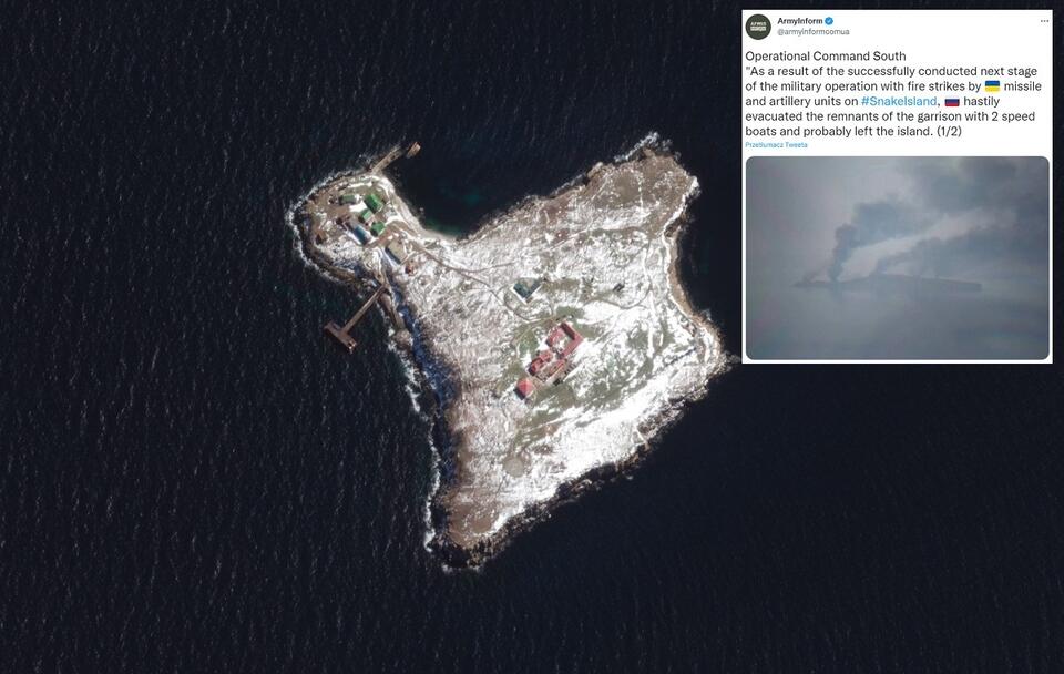 Zdjęcie satelitarne Wyspy Węży / autor: PAP/EPA/MAXAR TECHNOLOGIES HANDOUT; Twitter/ArmyInform (screenshot)