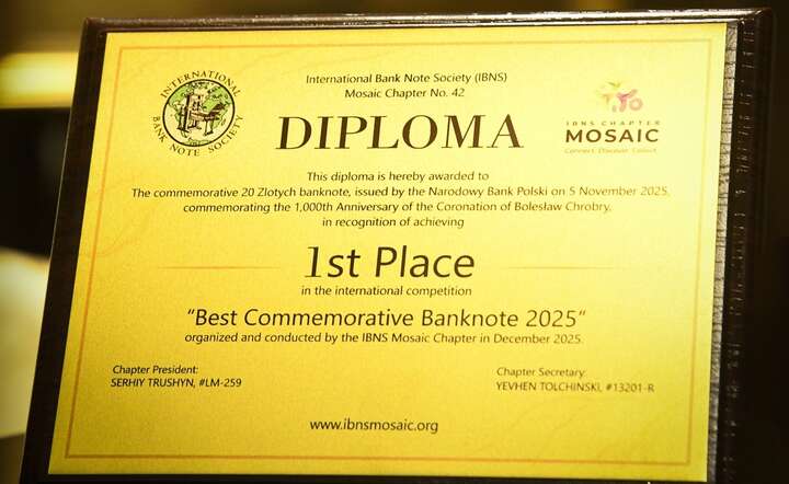 Dyplom dla NBP od Międzynarodowego Towarzystwa Banknotów (IBNS) / autor: materiały prasowe NBP