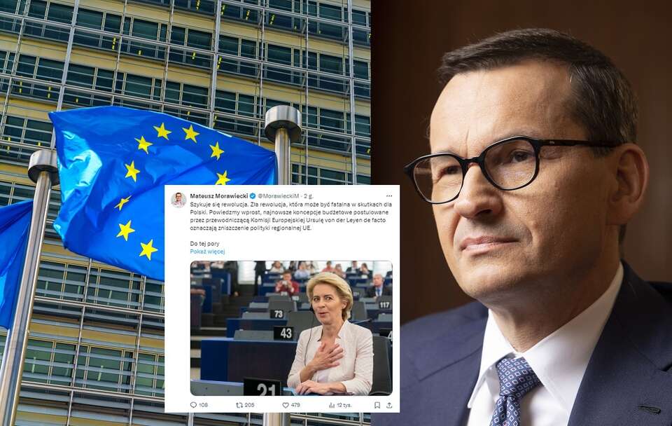 Flaga UE, Mateusz Morawiecki i jego wpis na platformie X / autor: Fratria/X