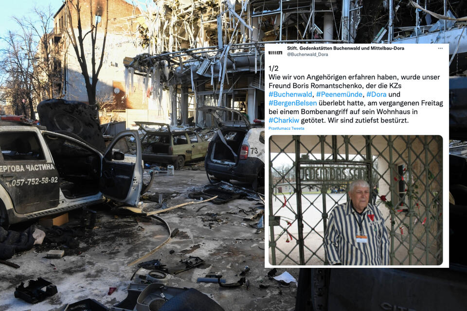 Zdjęcie ilustracyjne - w tle zbombardowany Charków / autor: PAP/EPA/TWITTER