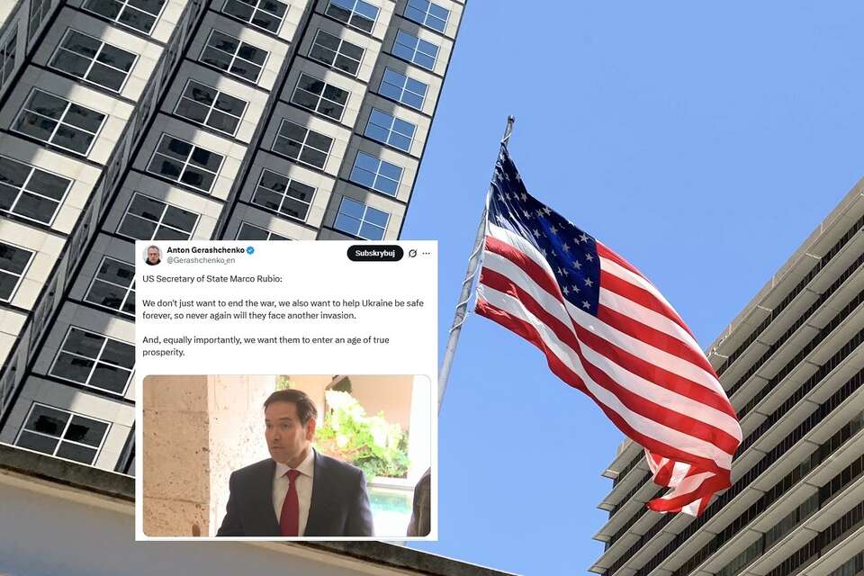 zdjęcie ilustracyjne w tle, flaga USA, w miniaturze wypowiedź sekretarza stanu USA po rozmowach z ukraińską delegacją na Florydzie / autor: Fratria, X/Anton Gerashchenko