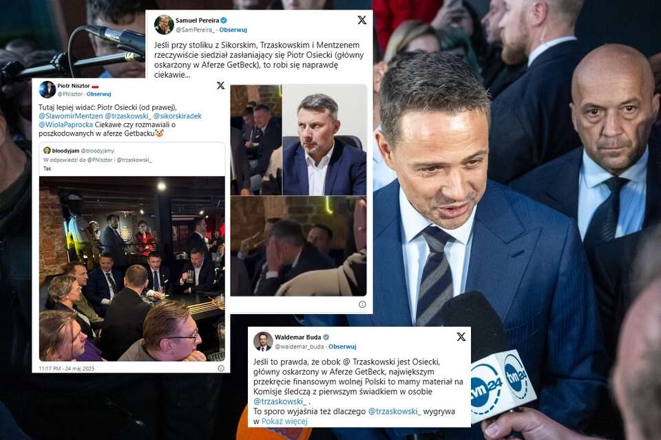 Na zdj. w tle Rafał Trzaskowski po rozmowie ze Sławomirem Mentzenem (Konfederacja)  / autor: PAP/Tytus Żmijewski, X