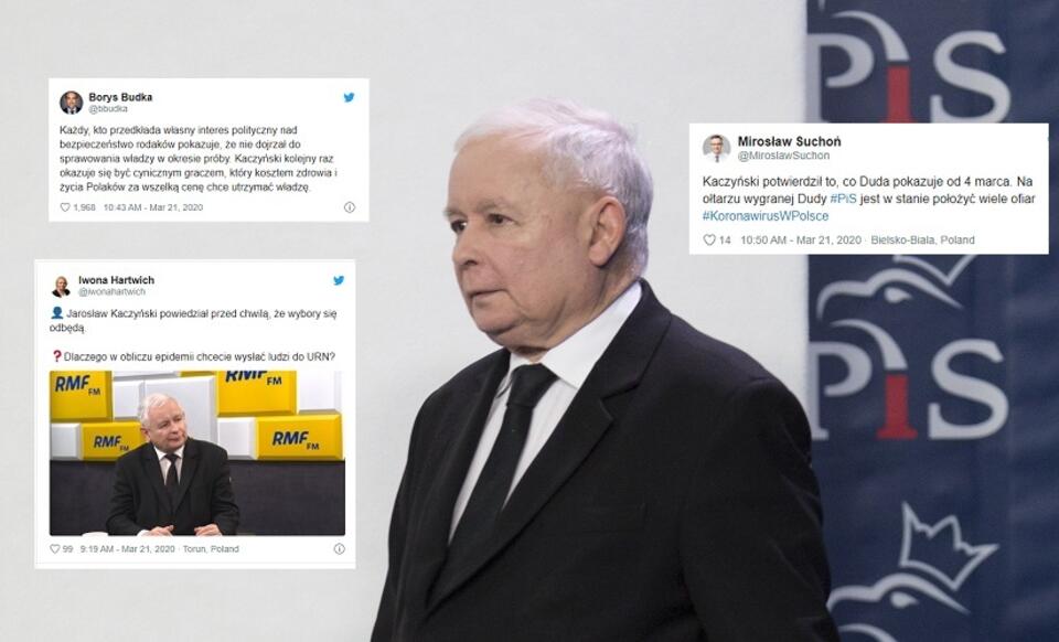 Prezes PiS Jarosław Kaczyński; Wpisy polityków opozycji na Twitterze / autor: Fratria; Twitter