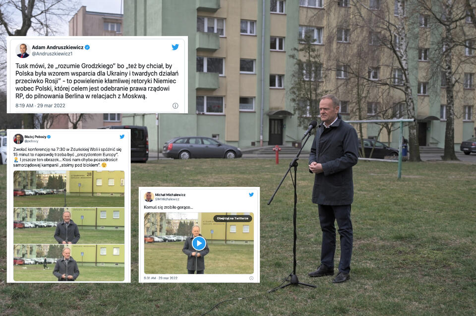 Przewodniczący Platformy Obywatelskiej Donald Tusk podczas konferencji prasowej w Zduńskiej Woli. / autor: PAP/Grzegorz Michałowski/Twitter