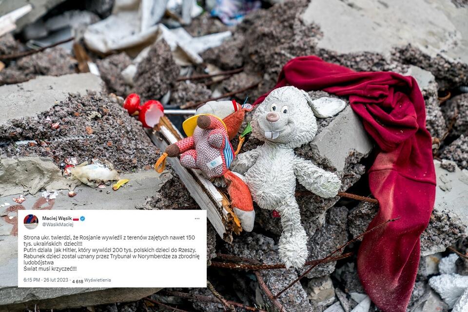Zdjęcie w tle - zabawki dziecięce wśród zgliszczy w Charkowie / autor: Fratria/Twitter