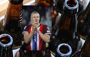 w tle zdj. ilustracyjne butelek po piwie, w miniaturze Erling Haaland / autor: Pixabay, wikimedia commons/MichaelEmilio/CC BY 4.0 <https://creativecommons.org/licenses/by/4.0/>