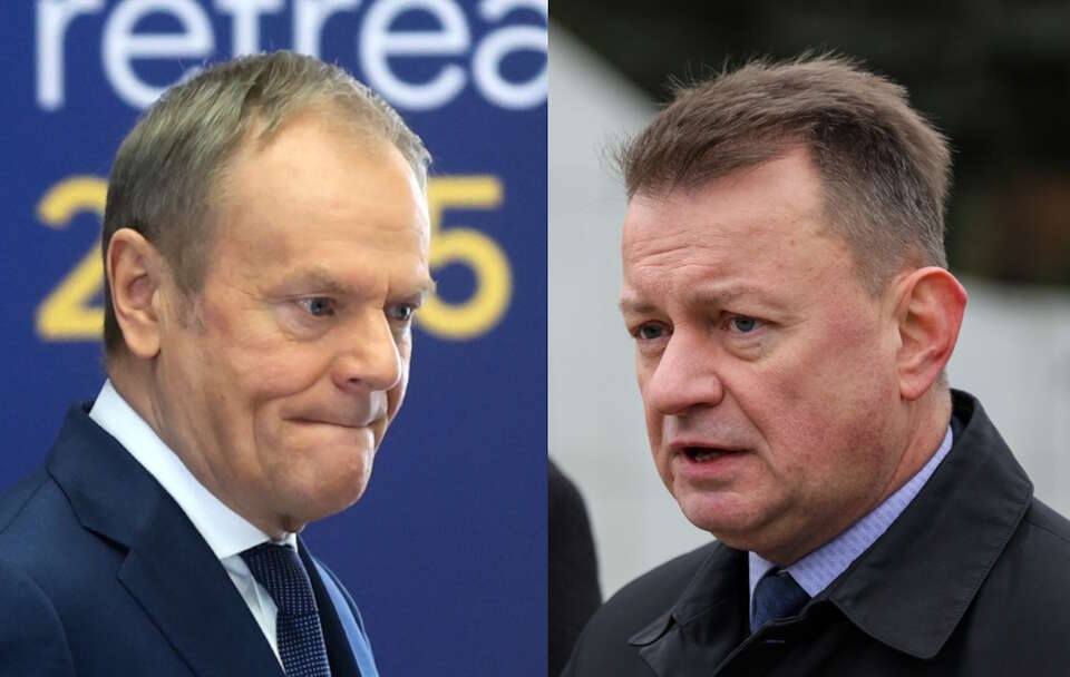 Donald Tusk, Mariusz Błaszczak / autor: PAP/EPA/OLIVIER HOSLET/PAP/Paweł Supernak