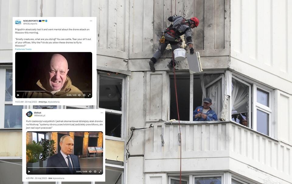 Budynek w Moskwie po ataku dronów / autor: PAP/EPA/MAXIM SHIPENKOV