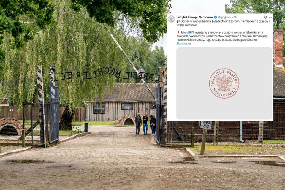 Brama w Auschwitz z napisem "Arbeit Macht Frei"/Stanowisko IPN ws. aukcji w niemieckim domu aukcyjnym Felzmann (screen z X) / autor: Fratria/X-IPN (screen)