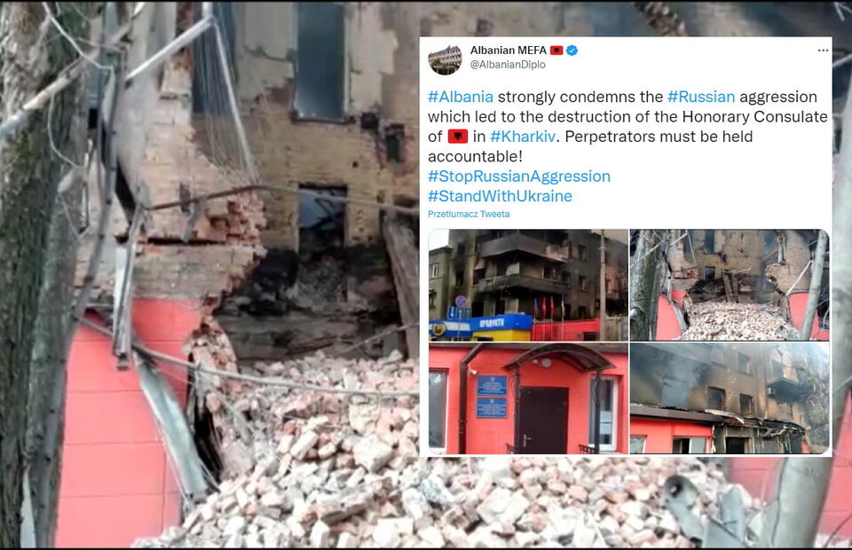 Ostrzelany konsulat Albanii w Charkowie  / autor: screenshot TT @AlbanianDiplo