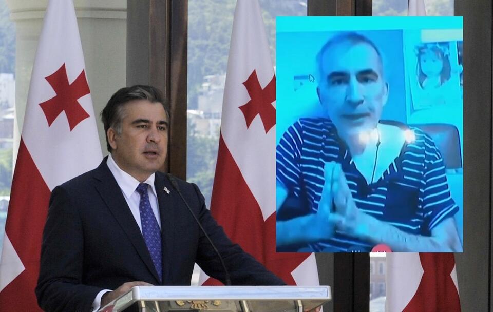 Micheil Saakaszwili w 2013 roku i obecnie w więzieniu (transmisja z rozmowy wideo) / autor: Fratria; Twitter/Mikheil Saakashvili