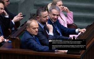 Rząd Koalicji 13 Grudnia w ławach sejmowych oraz wpis Mariusza Błaszczaka (screen z X) / autor: Fratria/X-Mariusz Błaszczak (screen)