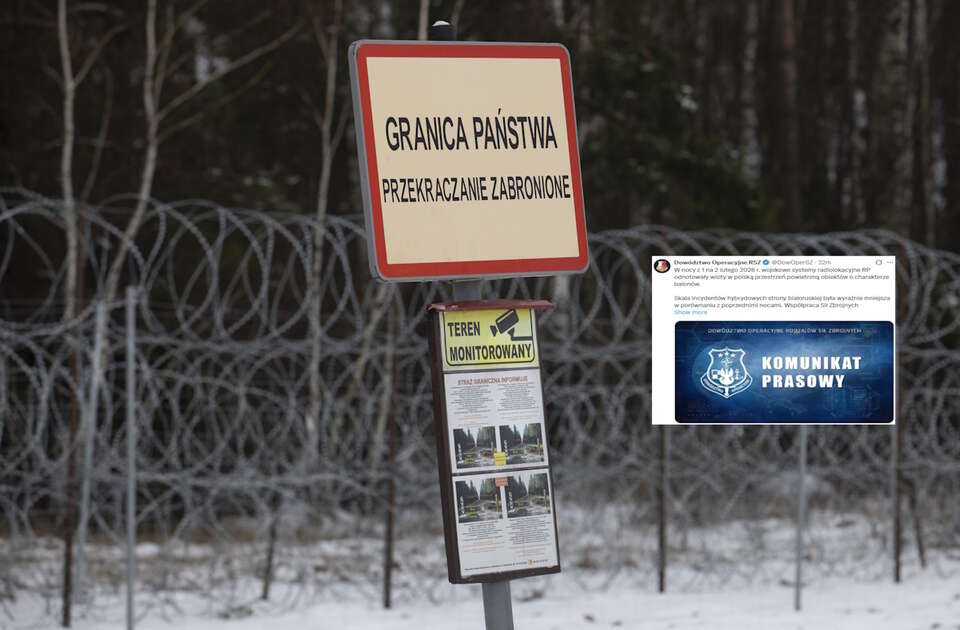 Kolejne wtargnięcie w polską przestrzeń powietrzną. DORSZ wydało komunikat: "Siły Zbrojne RP pozostają w gotowości". Na zdjęciu tablica z napisem "Granica Państwa" oraz wpis DORSZ (screen z X) / autor: Fratria/X-DORSZ (screen)