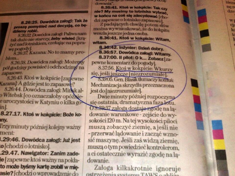 Jedno z kłamstw smoleńskich - nieprawdziwy stenogram z kokpitu tupolewa opublikowany w "Wybrczej". Fot. wPolityce.pl