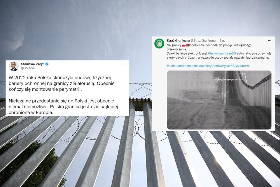 Na zdjęciu w tle zapora na granicy z Białorusią / autor: Twitter/Stanisław Żaryn/Straż Graniczna
