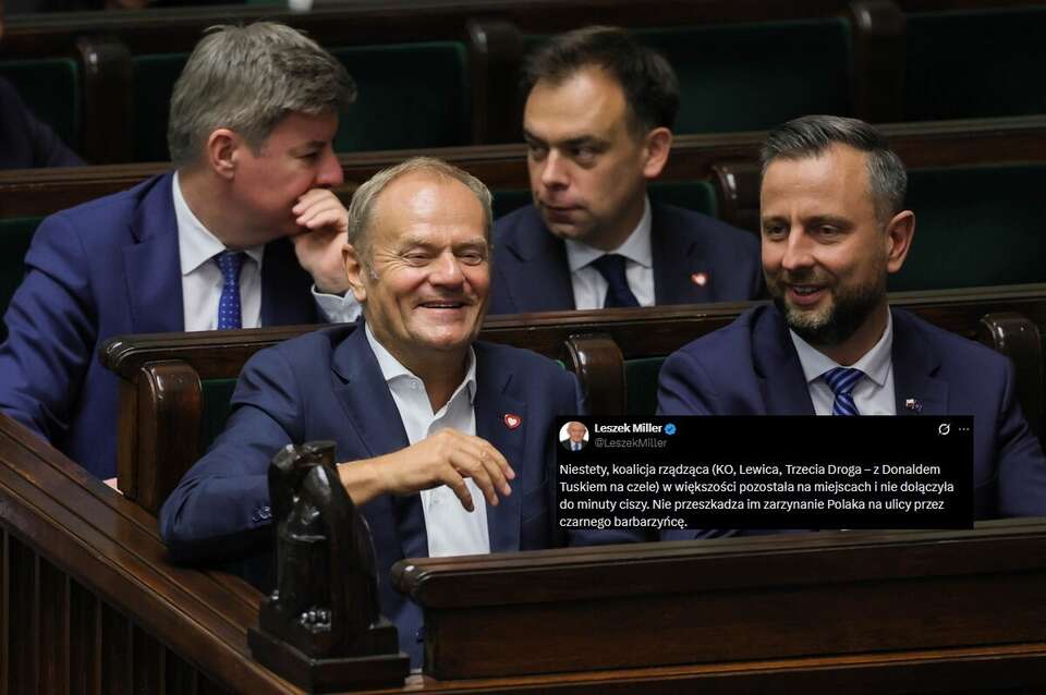 Donald Tusk, Władysław Kosiniak-Kamysz, Jan Grabiec i Andrzej Domański w rządowych ławach w Sejmie oraz wpis Leszka Millera z portalu X / autor: PAP/Leszek Szymański/X-Leszek Miller