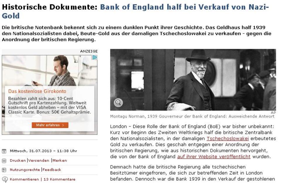 wPolityce.pl/ "der Spiegel" - Montagu Norman, gubernator BoF: wymijające odpowiedzi