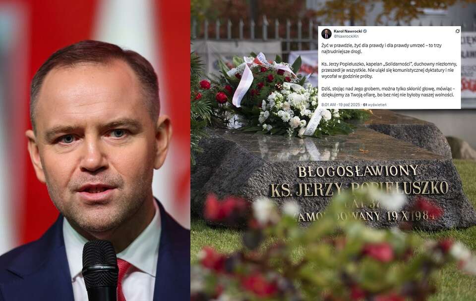 Prezydent RP Karol Nawrocki; Grób bł. ks. Jerzego Popiełuszki przy kościele św. Stanisława Kostki na warszawskim Żoliborzu / autor: PAP/Marian Zubrzycki, Fratria, X/Karol Nawrocki