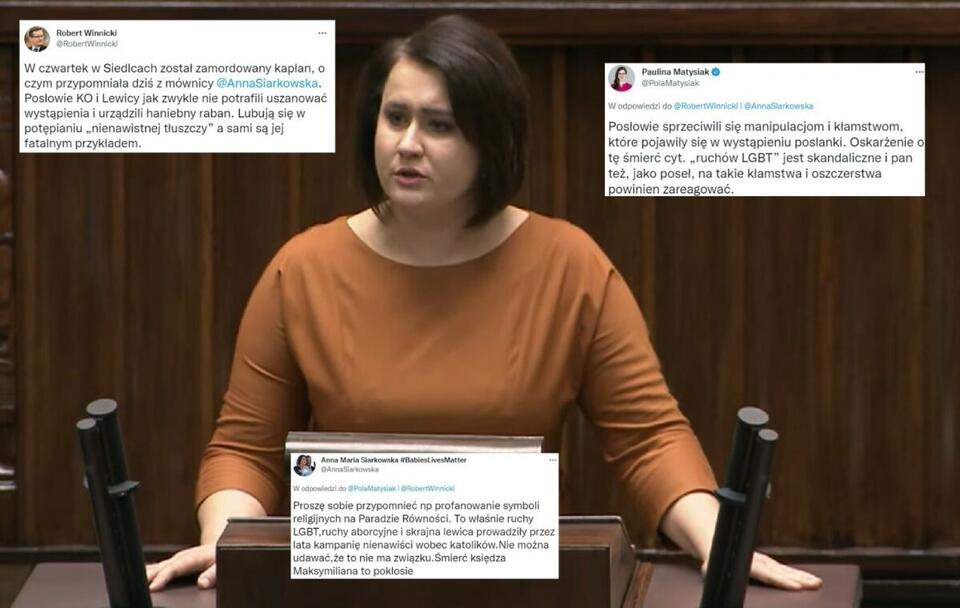 Siarkowska oskarża ruchy LGBT i lewicę o śmierć zakonnika / autor: YouTube/Sejm RP; Twitter (screeny)