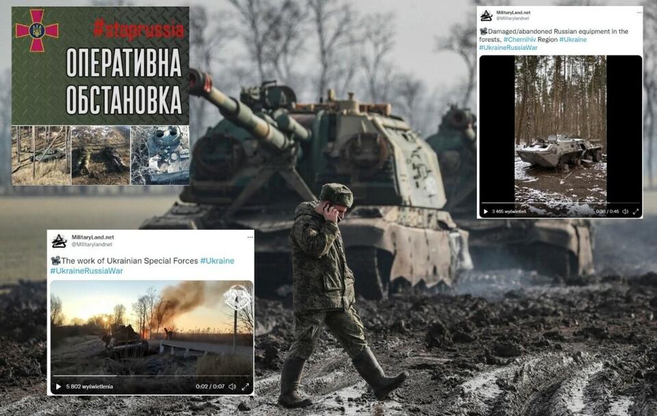 Rosjanie porzucają sprzęt i uciekają z pola bitwy! / autor: PAP/EPA/YURI KOCHETKOV; Twitter (screeny); Facebook/General Staff of the Armed Forces of Ukraine (screenshot)