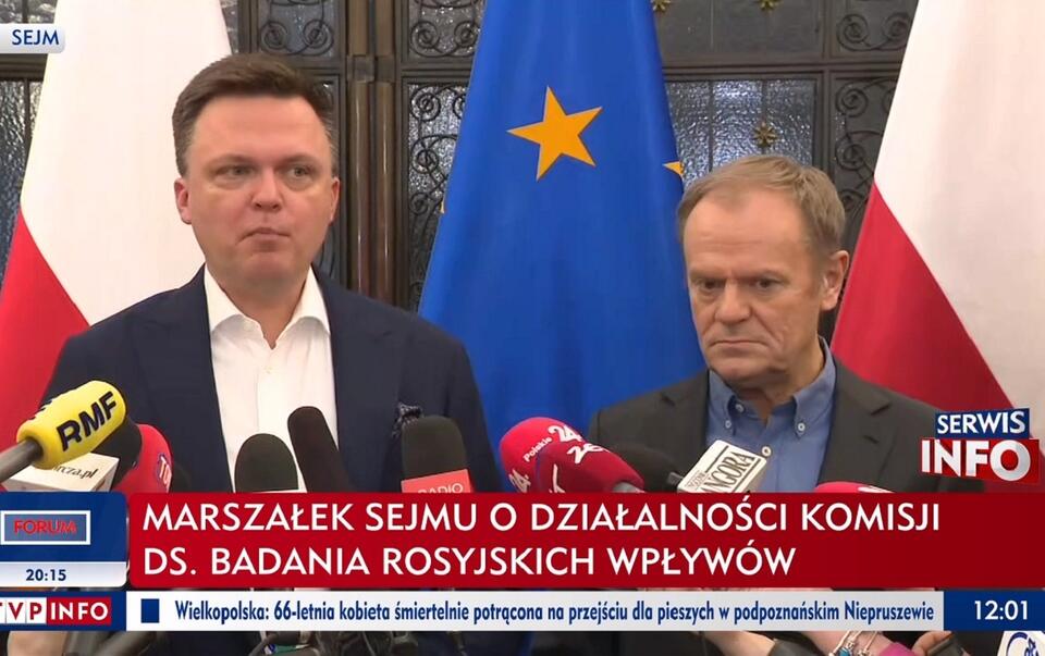 Konferencja marszałka Sejmu Szymona Hołowni z liderem PO Donaldem Tuskiem / autor: screen TVP Info