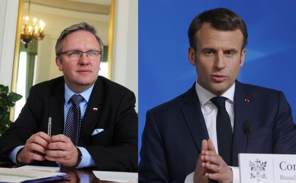 Minister Krzysztof Szczerski; Prezydent Francji Emmanuel Macron / autor: Fratria; PAP/EPA/JULIEN WARNAND