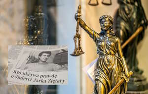 Figurka Temidy - bogini sprawiedliwości/Wycinek z gazety dotyczący sprawy Jarosława Ziętary / autor: Fratria