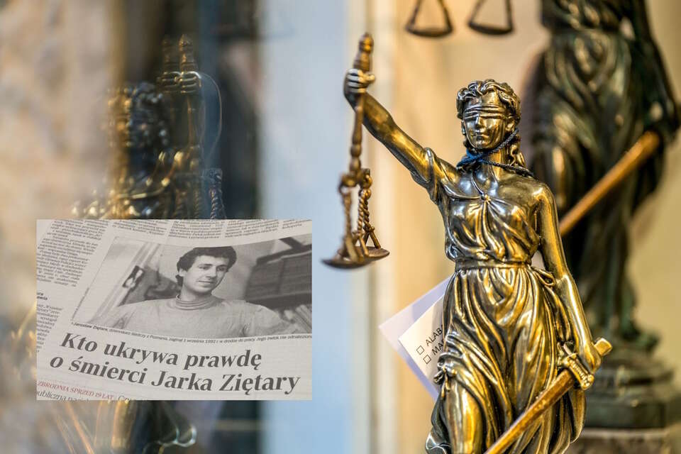 Figurka Temidy - bogini sprawiedliwości/Wycinek z gazety dotyczący sprawy Jarosława Ziętary / autor: Fratria